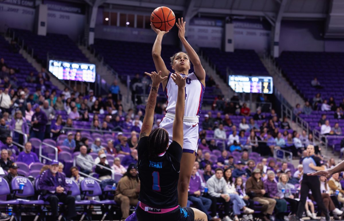 TCU guard Donovyn Hunter goes up for the shot at Schollmaier Arena in Fort Worth, Texas, Dec. 4th, 2024. The TCU Horned Frogs beat the Florida Atlantic Owls 78-42. (TCU360/Tyler Chan)