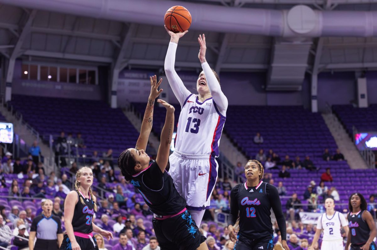 TCU center Sedona Prince goes up for a layup at Schollmaier Arena in Fort Worth, Texas, Dec. 4th, 2024. The TCU Horned Frogs beat the Florida Atlantic Owls 78-42. (TCU360/Tyler Chan)