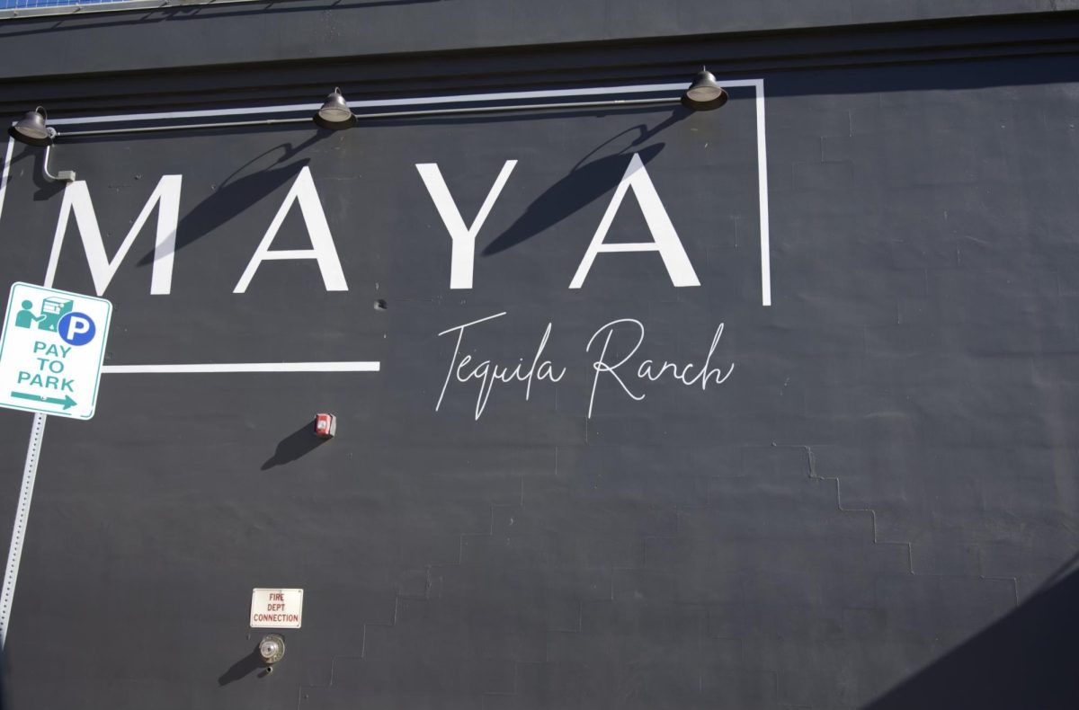 The logo on the side Maya Tequila Ranch located in the entertainment district of Fort Worth. 