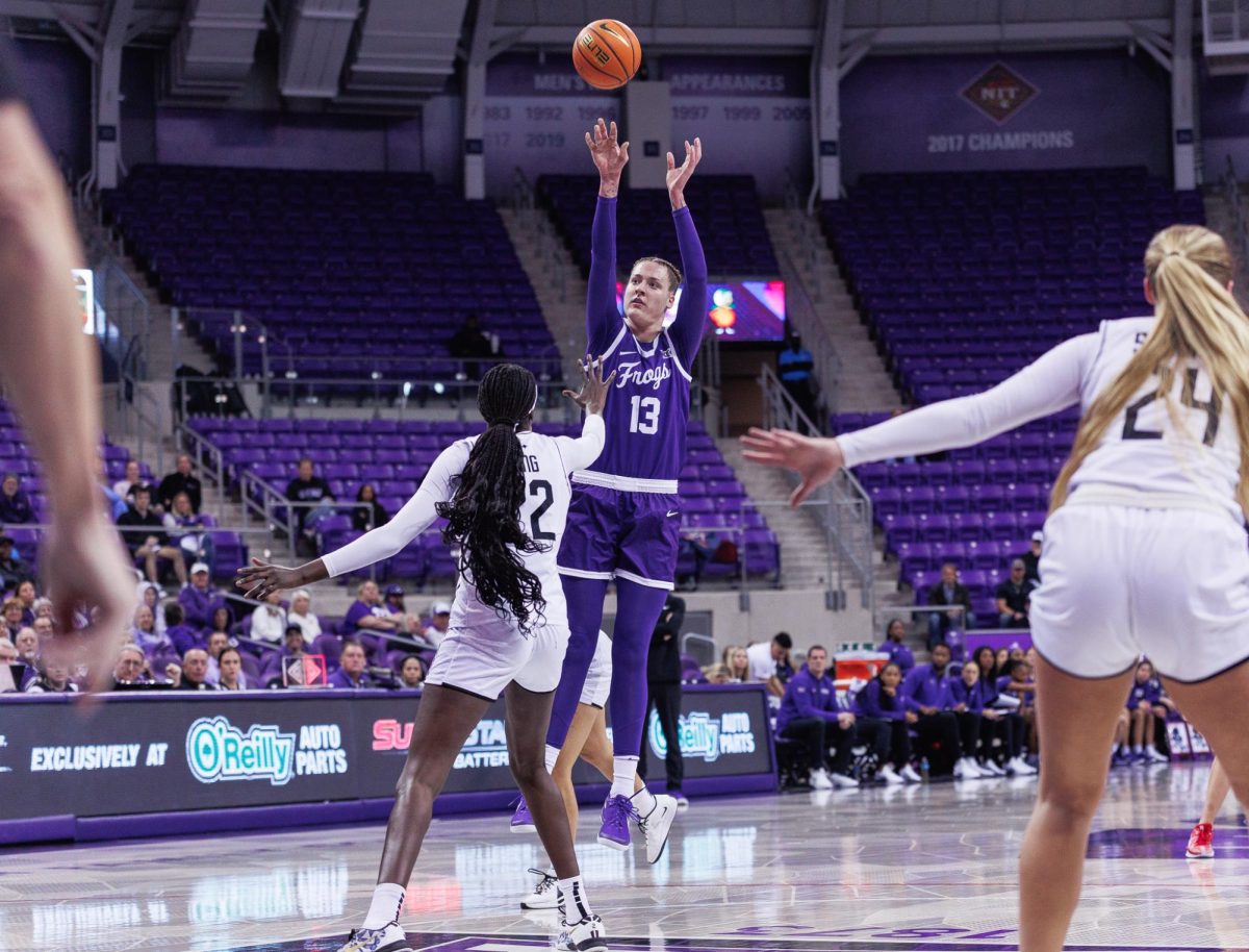 TCU center Sedona Prince shoots the ball at Schollmaier Arena in Fort Worth, Texas, Jan. 14, 2025. The TCU Horned Frogs beat the UCF Knights 90-81. (TCU360/Tyler Chan)