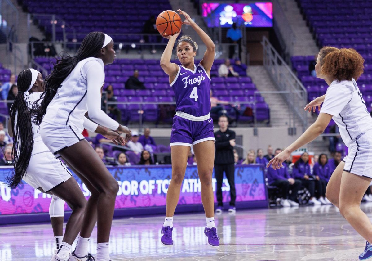 TCU guard Donovyn Hunter shoots the ball at Schollmaier Arena in Fort Worth, Texas, Jan. 14, 2025. The TCU Horned Frogs beat the UCF Knights 90-81.(TCU360/Tyler Chan)