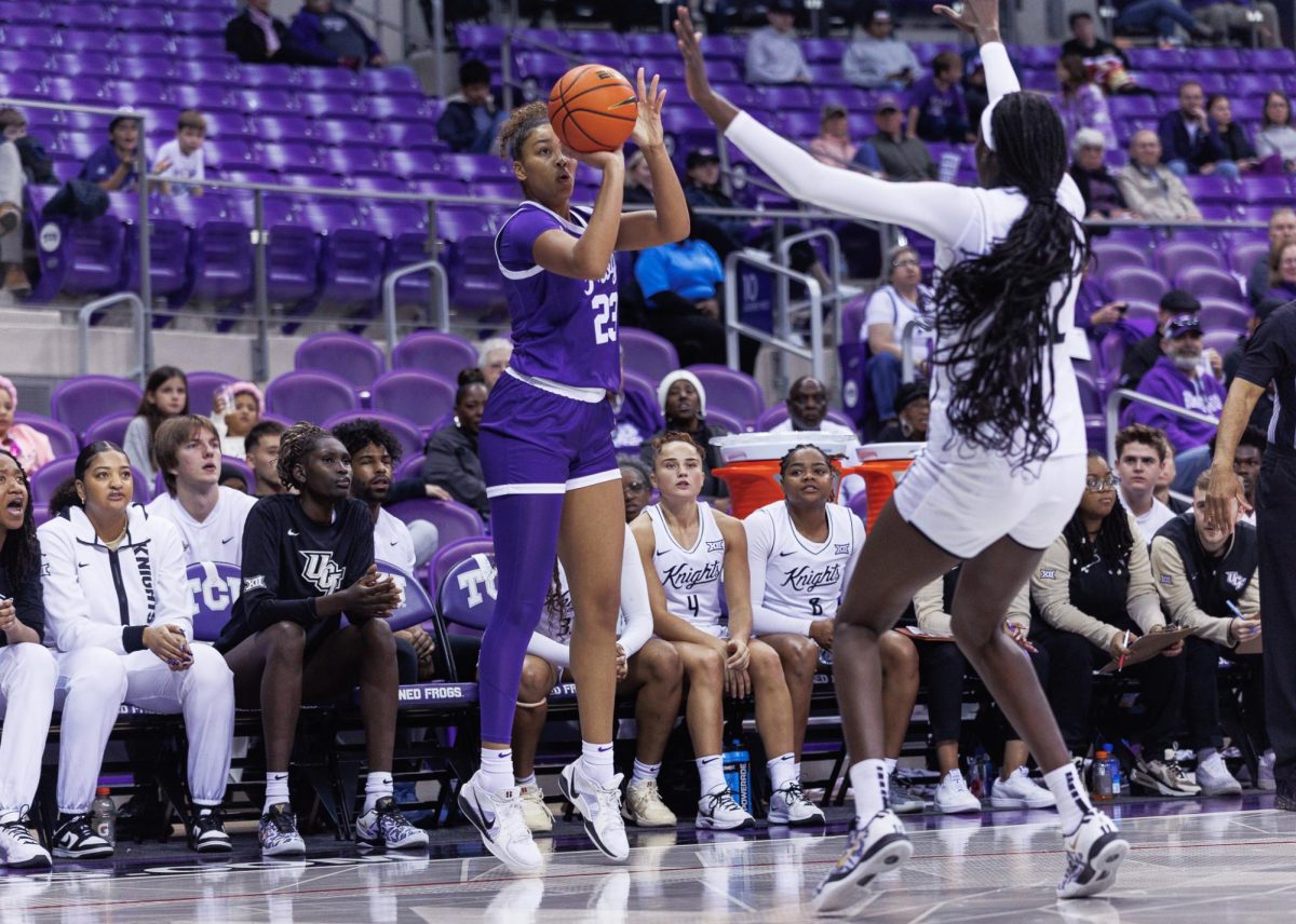 TCU forward Aaliyah Roberson shoots a three pointer at Schollmaier Arena in Fort Worth, Texas, Jan. 14, 2025. The TCU Horned Frogs beat the UCF Knights 90-81. (TCU360/Tyler Chan)