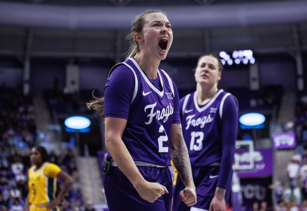 TCU guard Madison Conner celebrates after making a shot at Schollmaier Arena in Fort Worth, Texas, Jan. 26, 2025. The TCU Horned Frogs beat the Baylor Bears 80-75.  (TCU360/Tyler Chan)