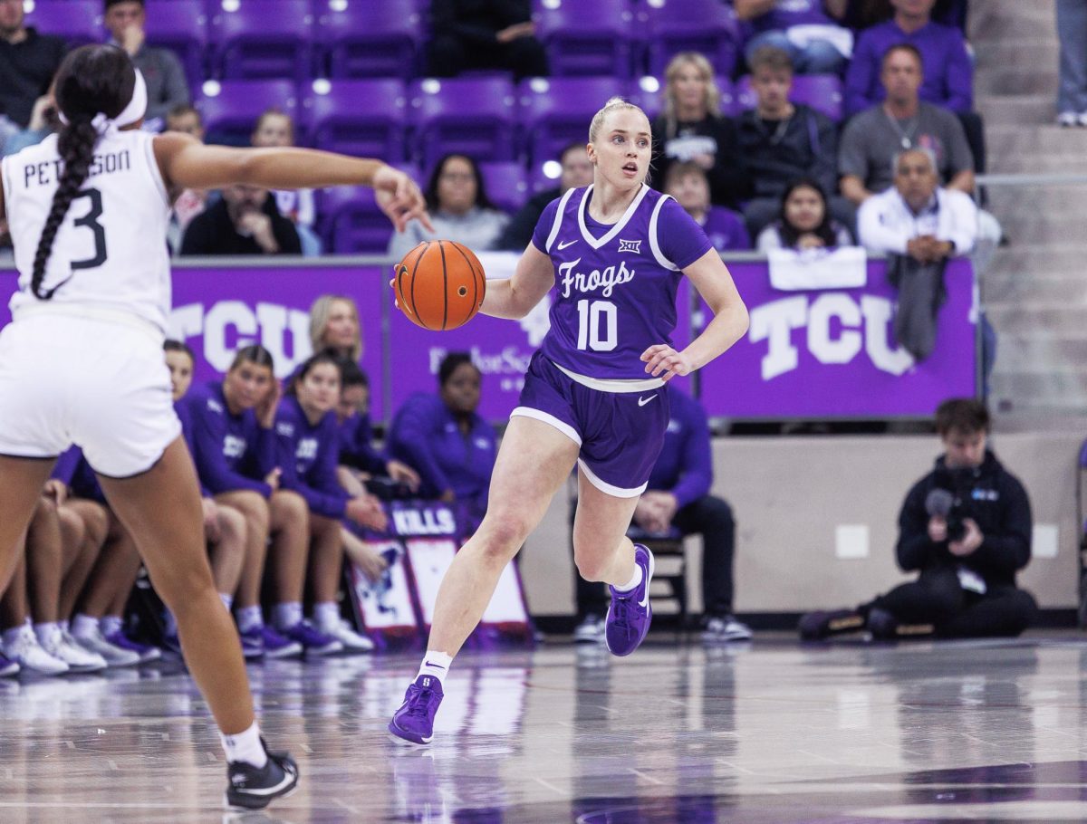 TCU guard Hailey Van Lith dribbles the ball up the court at Schollmaier Arena in Fort Worth, Texas, Jan. 14, 2025. The TCU Horned Frogs beat the UCF Knights 90-81. (TCU360/Tyler Chan)