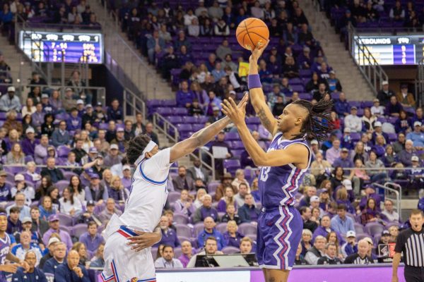 Forward Trazarien White shoots the ball at Schollmaier Arena, Jan. 22, 2025. The TCU Horned Frogs lost to the Kansas Jayhawks 61-74. (TCU 360 photo by Shane Manson)