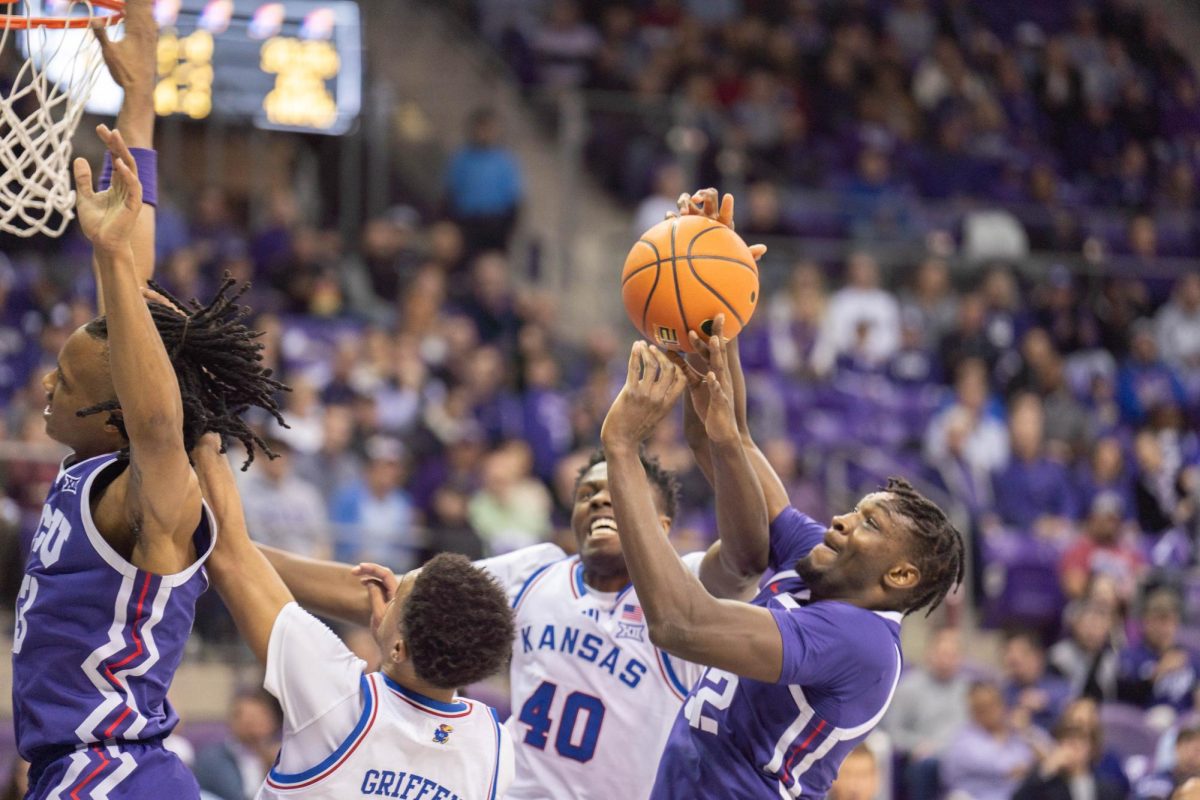 Malick Diallo drives to the hoop at Schollmaier Arena, Jan. 22, 2025. The TCU Horned Frogs lost to the Kansas Jayhawks 61-74. (TCU 360 photo by Shane Manson)