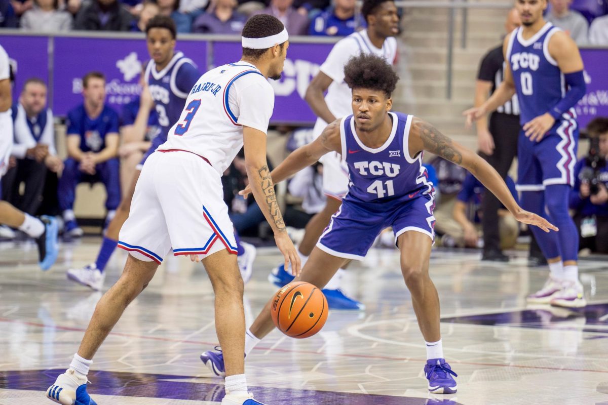 Guard Jace Posey defends the 3-point line at Schollmaier Arena, Jan. 22, 2025. The TCU Horned Frogs lost to the Kansas Jayhawks 61-74. (TCU 360 photo by Shane Manson)