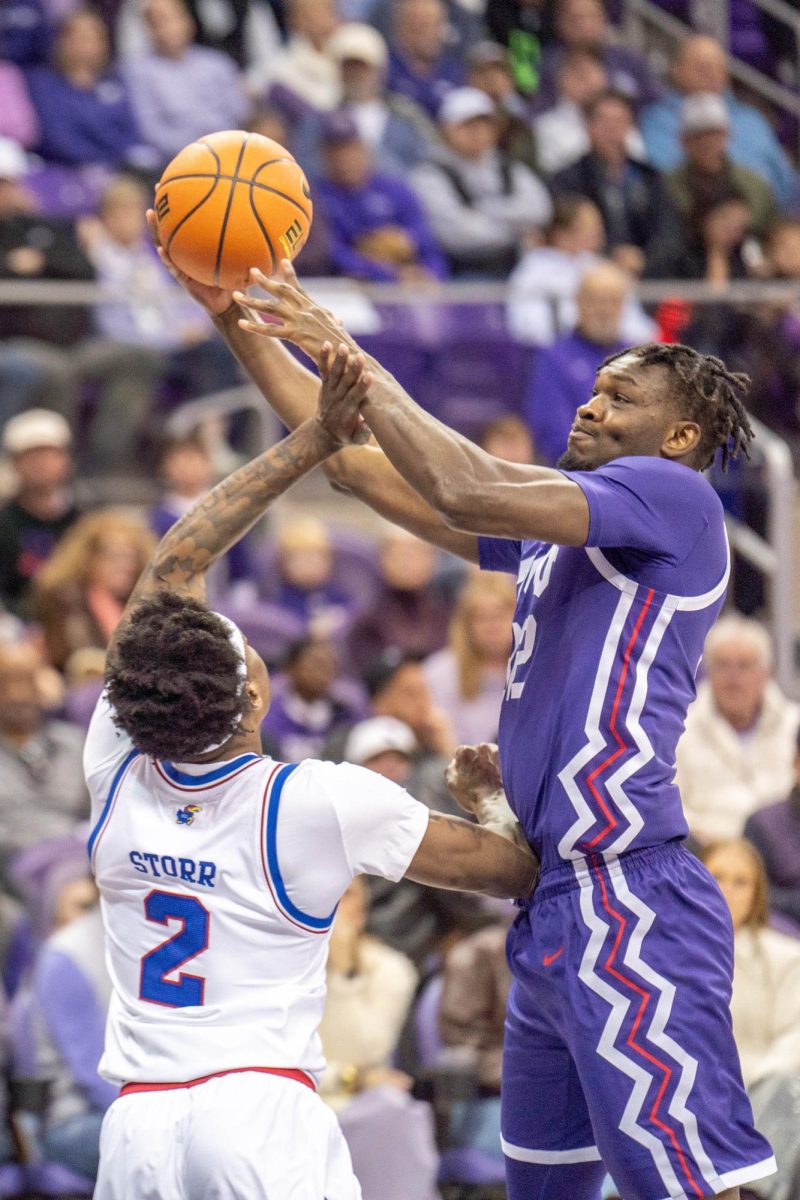 Malick Diallo drives to the hoop at Schollmaier Arena, Jan. 22, 2025. The TCU Horned Frogs lost to the Kansas Jayhawks 61-74. (TCU 360 photo by Shane Manson)