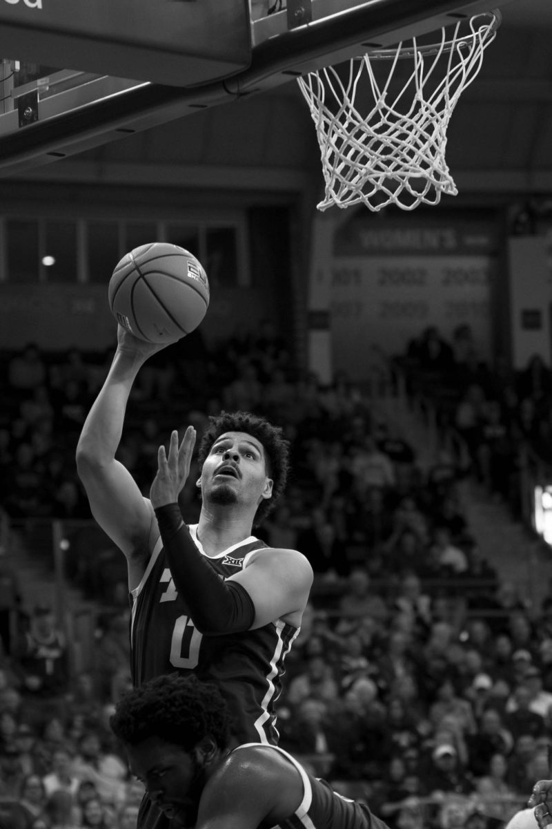 Guard Brendan Wenzel goes up for a shot at Schollmaier Arena, Jan. 22, 2025. The TCU Horned Frogs lost to the Kansas Jayhawks 61-74. (TCU 360 photo by Shane Manson)