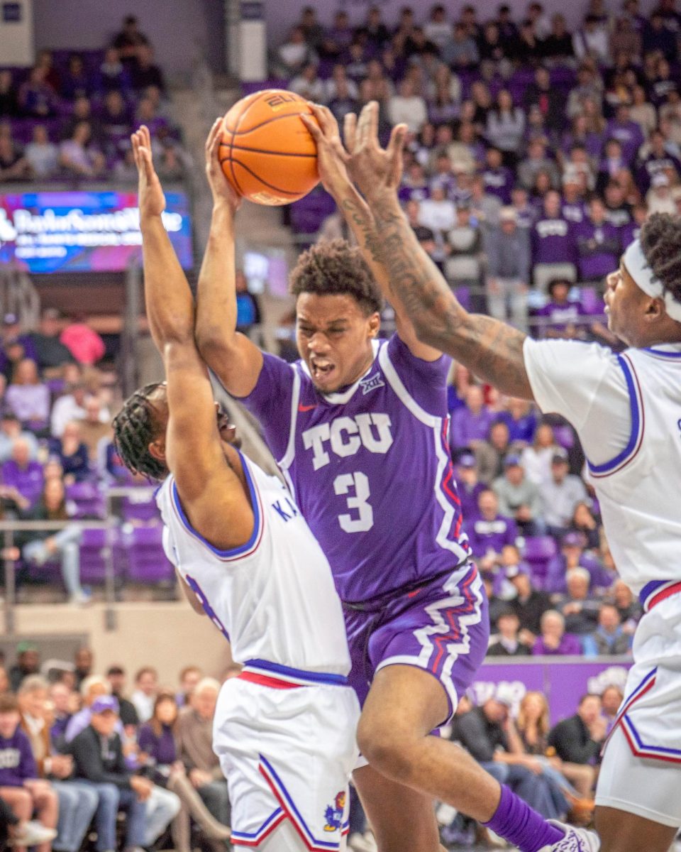 Guard Vasean Allette drives to the hoop at Schollmaier Arena, Jan. 22, 2025. The TCU Horned Frogs lost to the Kansas Jayhawks 61-74. (TCU 360 photo by Shane Manson)