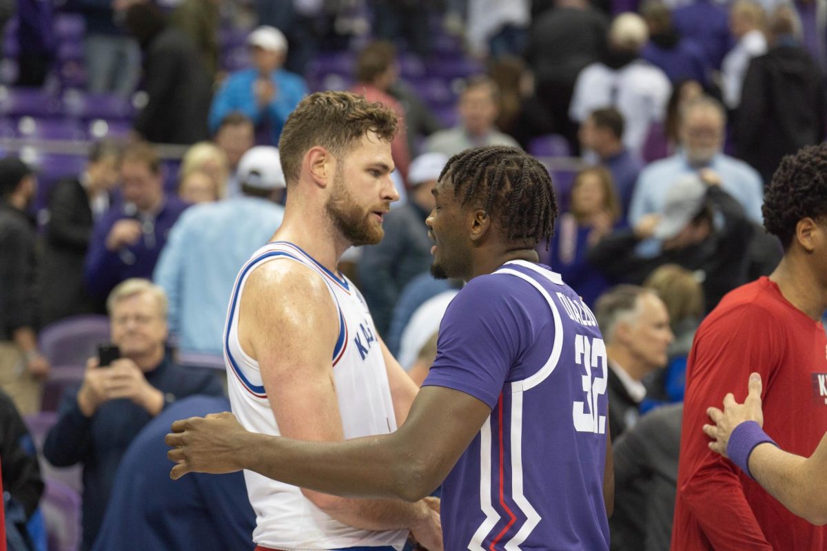 Malick Diallo shakes hands with a Kansas player after the game at Schollmaier Arena, Jan. 22, 2025. The TCU Horned Frogs lost to the Kansas Jayhawks 61-74. (TCU 360 photo by Shane Manson)