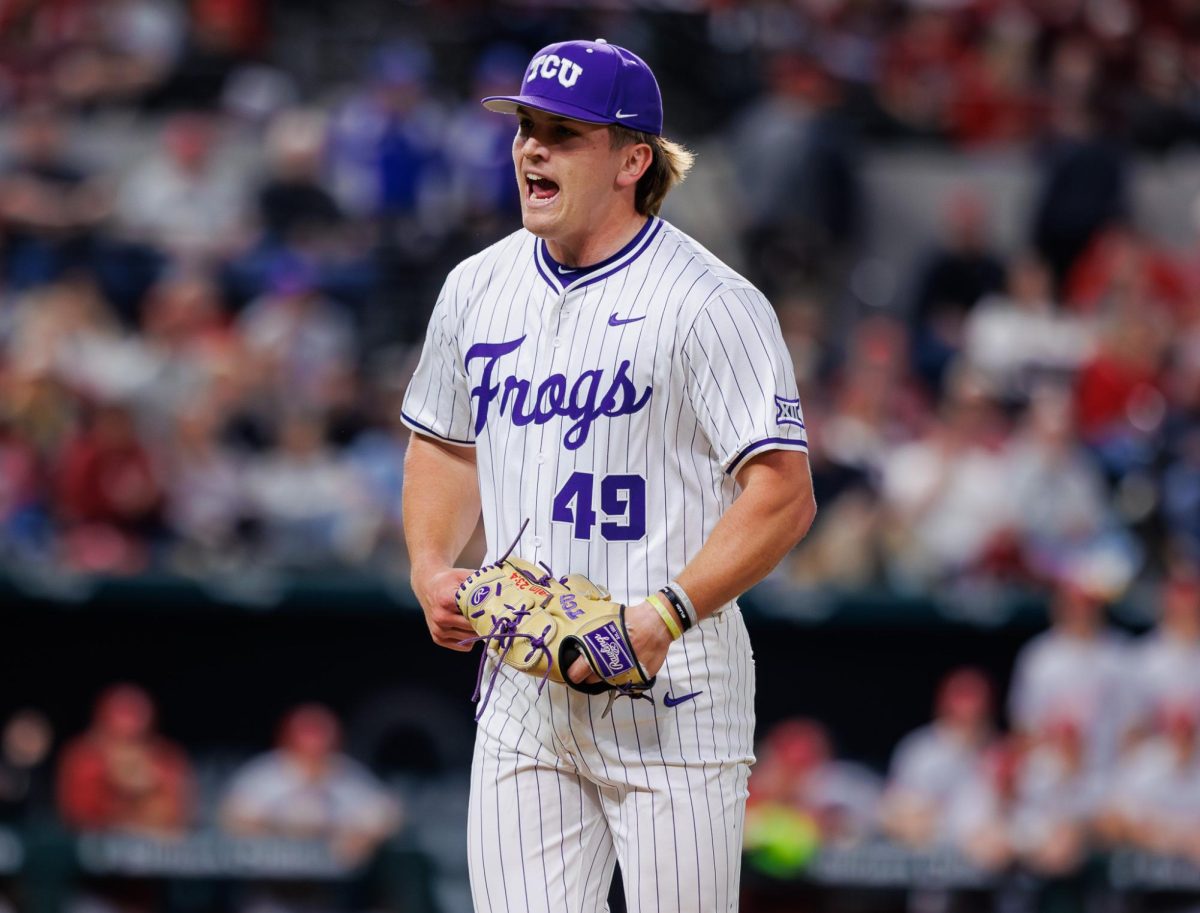 TCU pitcher Tommy LaPour celebrates after getting the strikeout at Globe Life Field in Arlington, Texas Feb. 23, 2025. The TCU Horned Frogs lost to the Arkansas Razorbacks 2-1. (TCU360/ Tyler Chan)
