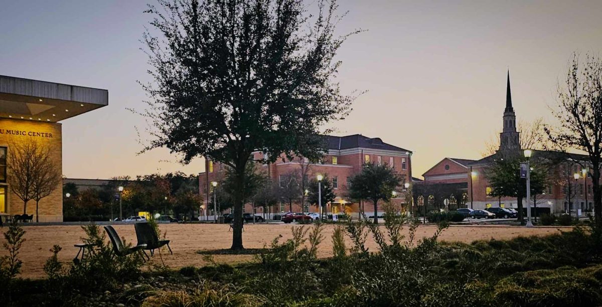 The Creative Commons at sunset on Feb. 5, 2025, situated between the TCU Music Center and Fine Arts Building. (Krystal Guerra)