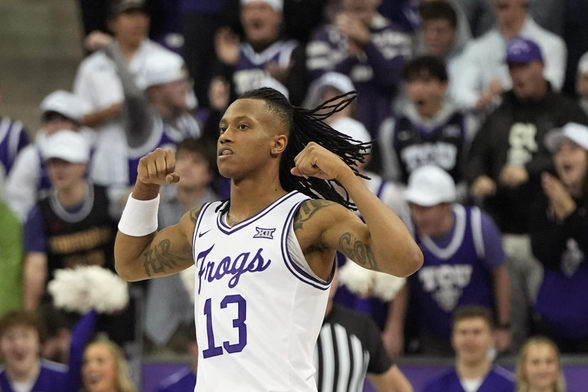 TCU forward Trazarien White (13) reacts to a play during the first half of an NCAA college basketball game against Texas Tech in Fort Worth,Texas, Tuesday, Feb. 18, 2025. (AP Photo/LM Otero)