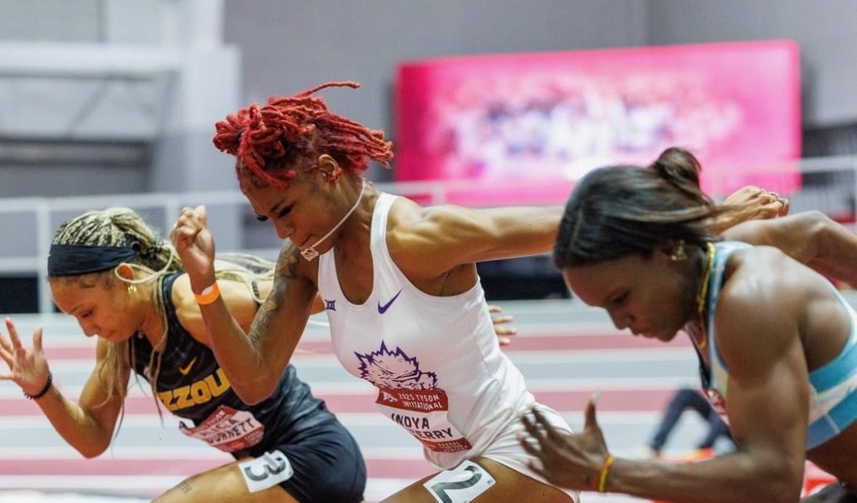 First-year student Indya Mayberry competes at the Tyson Invitational in Fayetteville, Ark., Friday, Feb. 14, 2025. (Photo courtesy of @tcu_track_xc on Instagram)