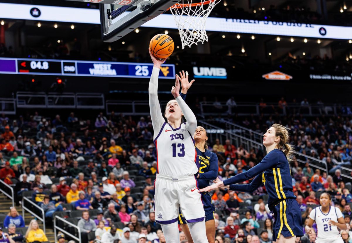 TCU center Sedona Prince goes up for a layup at T-Mobile Arena in Kansas City, Missouri Mar. 8, 2025. The TCU Horned Frogs beat the West Virginia Mountaineers 71-65. (TCU360/Tyler Chan)