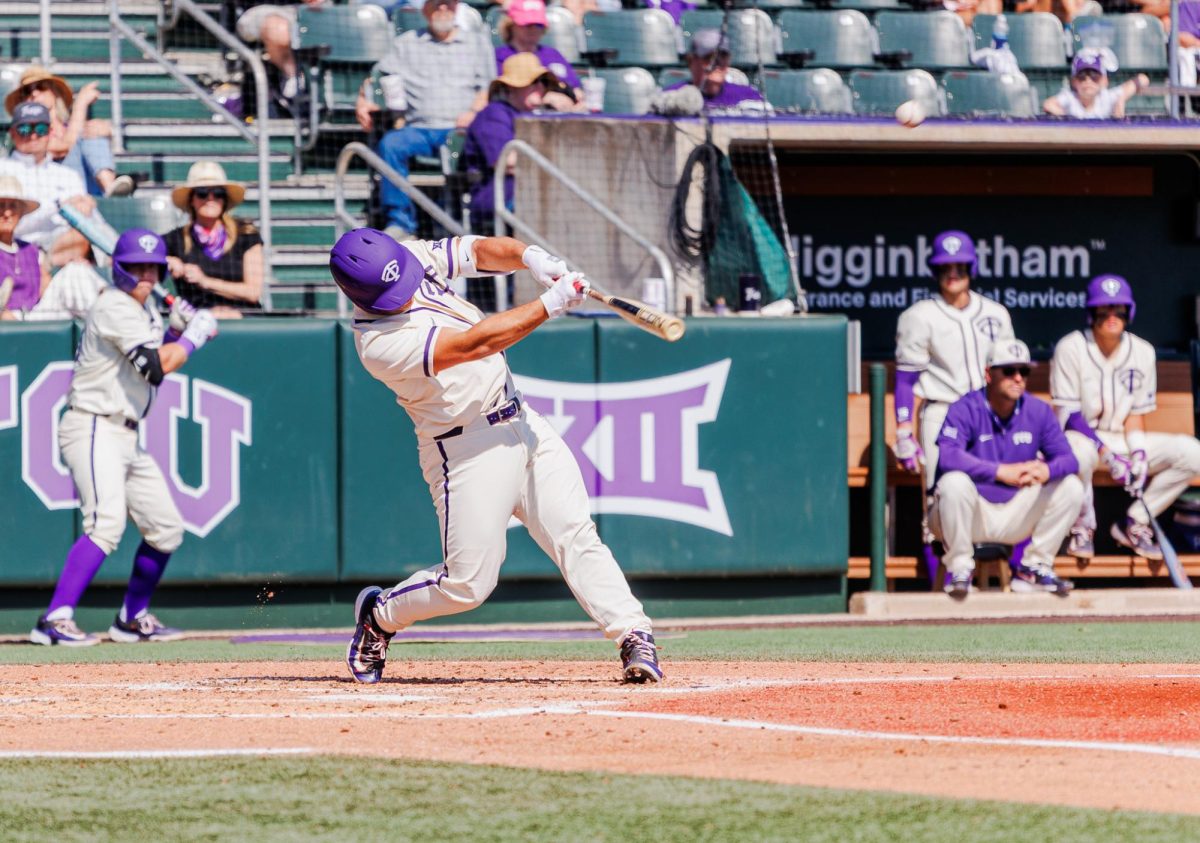 TCU catcher Karson Bowen hits the ball at Lupton Stadium in Fort Worth, Texas Mar. 2, 2025. The TCU Horned Frogs fell to the Southern Miss Golden Eagles 11-3. TCU360/Tyler Chan)