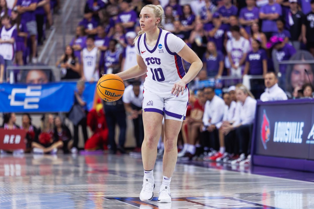 TCU guard Hailey Van Lith dribbles the ball at Schollmaier Arena in Fort Worth, Texas Mar. 23, 2025. The TCU Horned Frogs beat the Louisville Cardinals 85-70. 