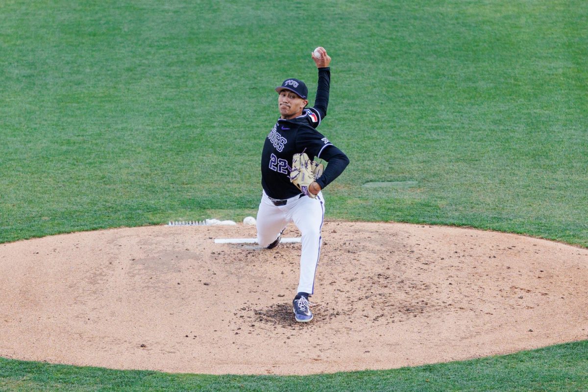 TCU pitcher Louis Rodriguez pitches the ball at Lupton Stadium in Fort Worth, Texas Mar. 4, 2025. (TCU360/Tyler Chan)