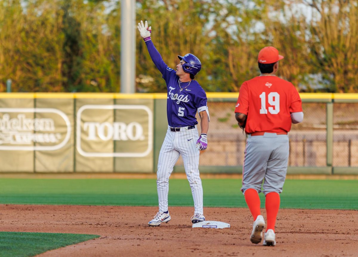 TCU shortstop Anthony Silva celebrates after hitting a double at Lupton Stadium in Fort Worth, Texas Mar. 26, 2025. (TCU360/ Tyler Chan)