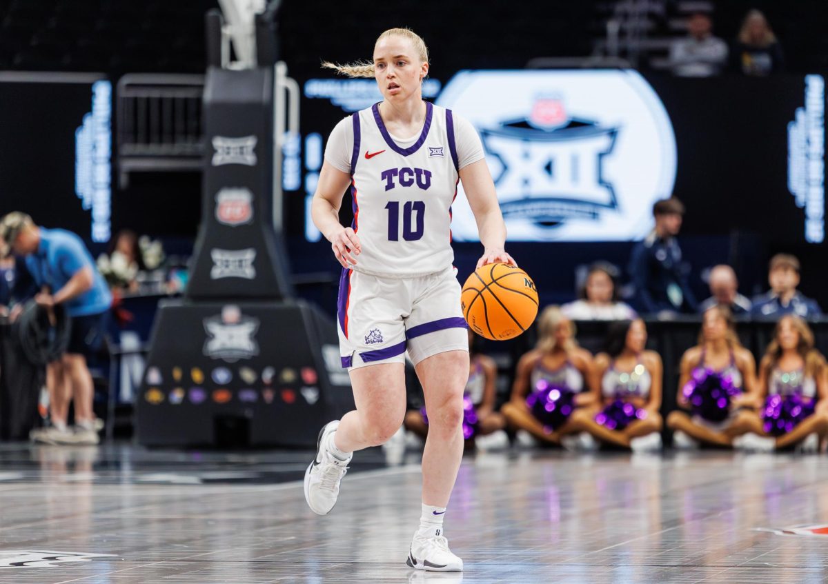 TCU guard Hailey Van Lith dribbles the ball up the court at T-Mobile Center in Kansas City, Missouri Mar. 7, 2025. The TCU Horned Frogs beat the Colorado Buffaloes 69-62. (TCU360/Tyler Chan)