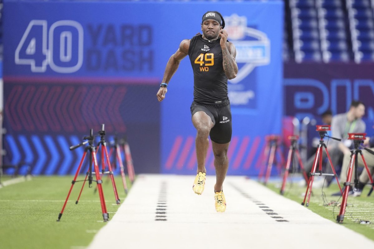 TCU wide receiver Savion Williams runs the 40-yard dash at the NFL football scouting combine in Indianapolis, Saturday, March 1, 2025. (AP Photo)