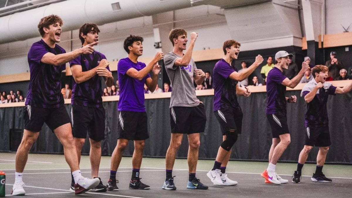 TCU men's tennis celebrates win against Baylor on Jan. 20, 2025