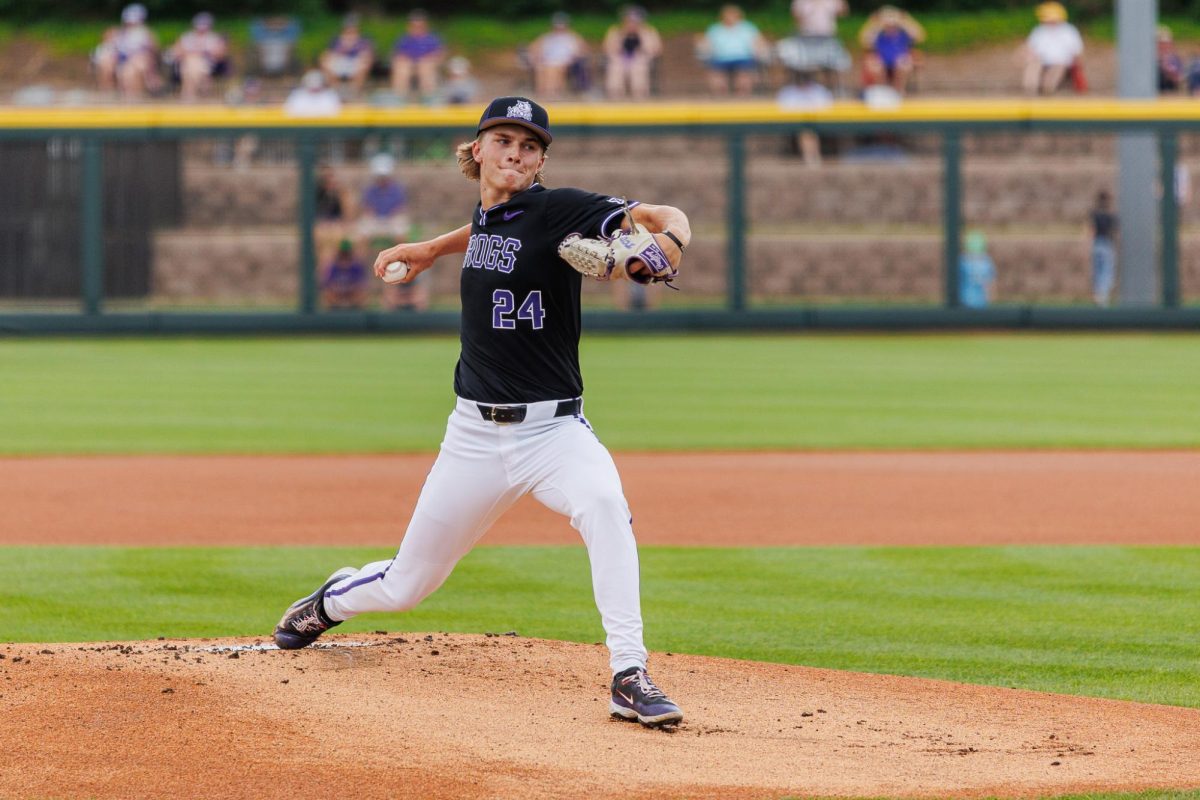 TCU pitcher Trevor Baumler pitches the ball at Lupton Stadium in Fort Worth, Texas Apr. 27, 2025. (TCU360/Tyler Chan)
