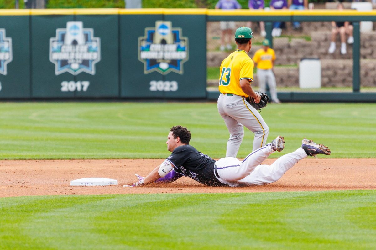 TCU catcher Karson Bowen slides into second base at Lupton Stadium in Fort Worth, Texas Apr. 27, 2025. (TCU360/Tyler Chan)