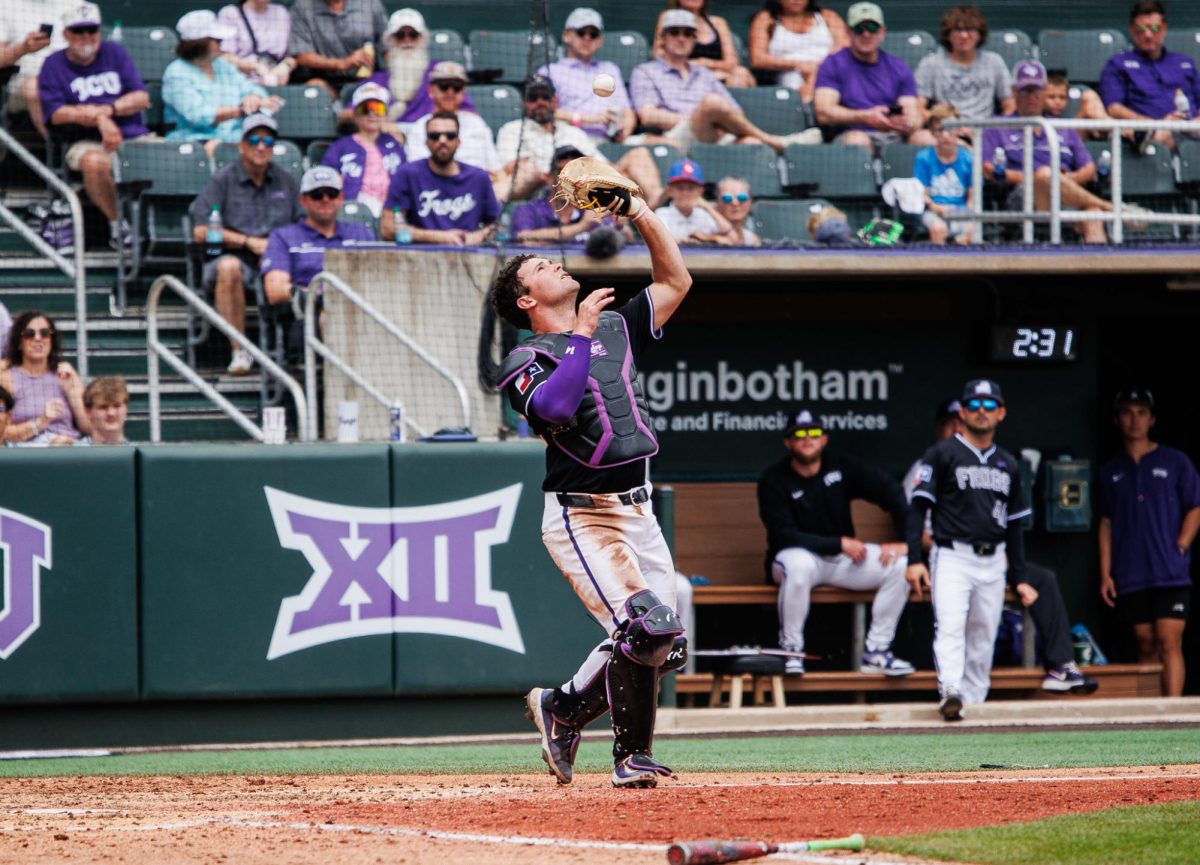 TCU catcher Karson Bowen catches a pop fly at Lupton Stadium in Fort Worth, Texas Apr. 27, 2025. (TCU360/Tyler Chan)