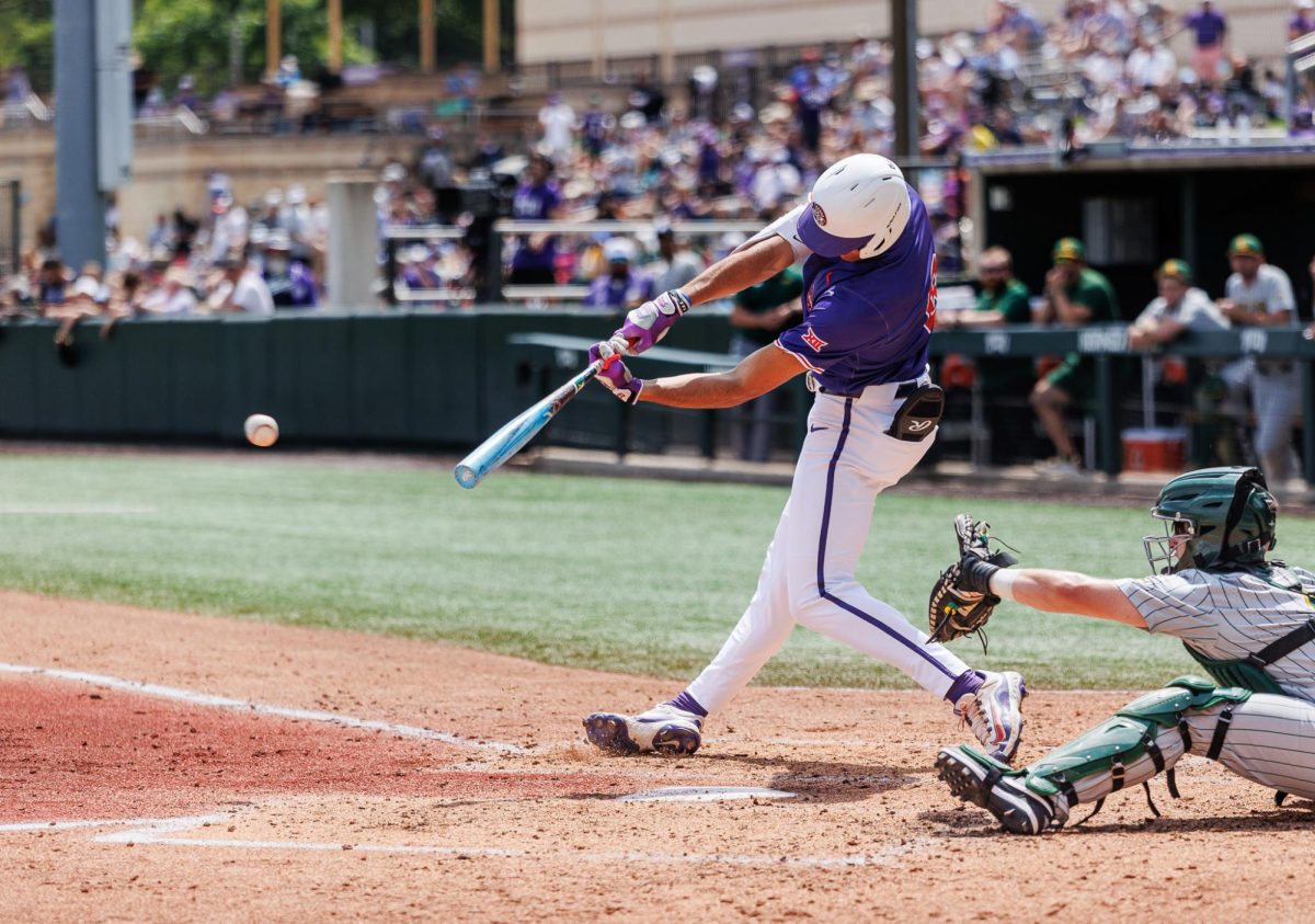 TCU Noah Franco hits the ball at Lupton Stadium in Fort Worth, Texas Apr. 26, 2025. (TCU360/Tyler Chan)