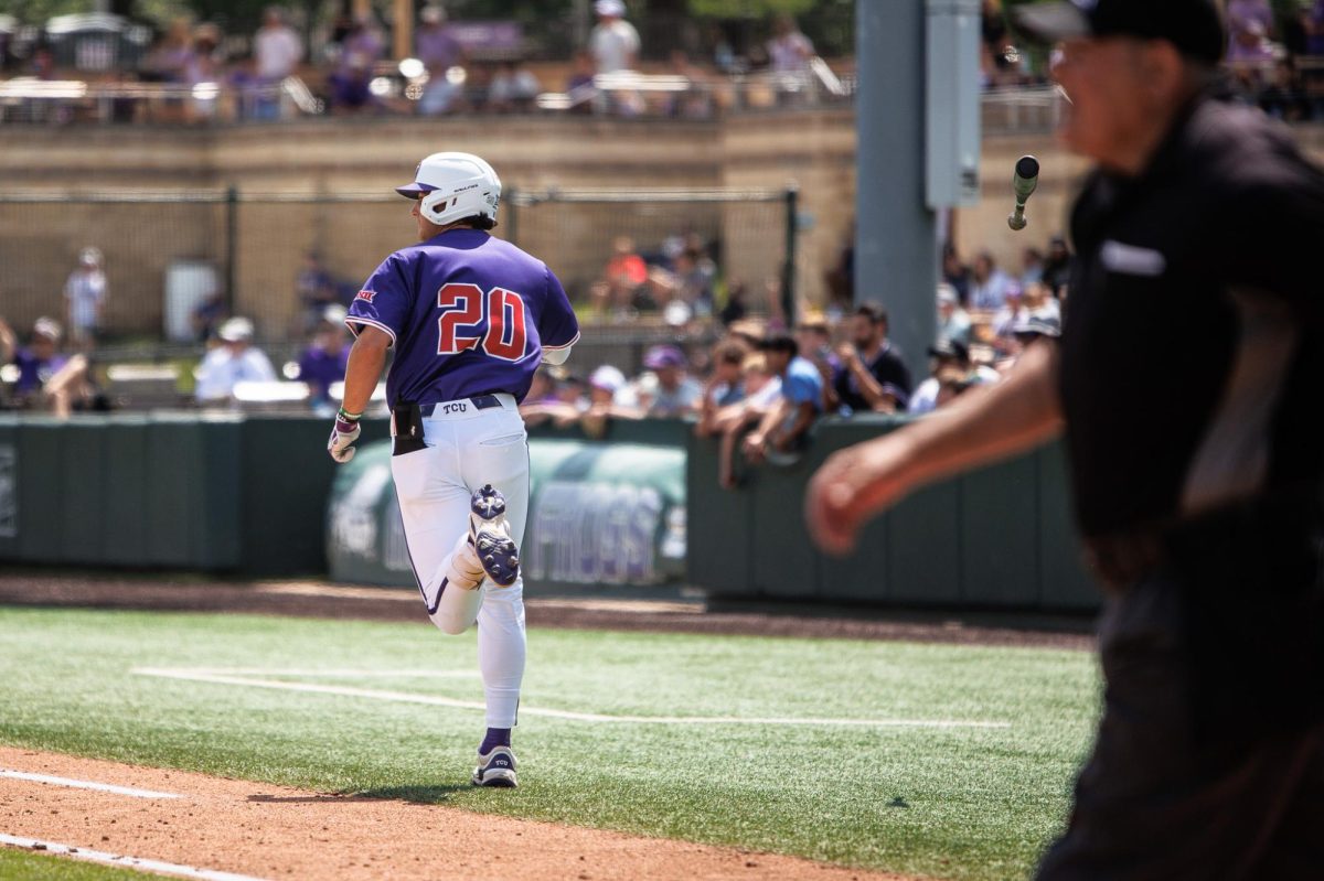 TCU designated hitter Jack Arthur bat flips after hitting a home run at Lupton Stadium in Fort Worth, Texas Apr. 26, 2025. (TCU360/Tyler Chan)