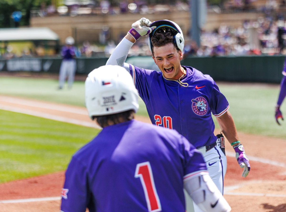 TCU designated hitter Jack Arthur celebrates after hitting a homerun at Lupton Stadium in Fort Worth, Texas Apr. 26, 2025. (TCU360/Tyler Chan)