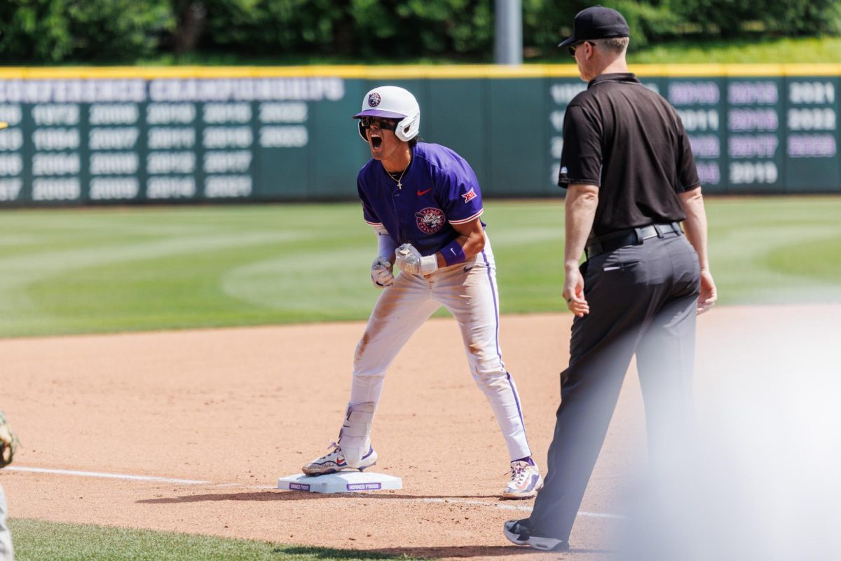 TCU third basemen Jack Bell celebrate after hitting a triple at Lupton Stadium in Fort Worth, Texas Apr. 26, 2025. (TCU360/Tyler Chan)