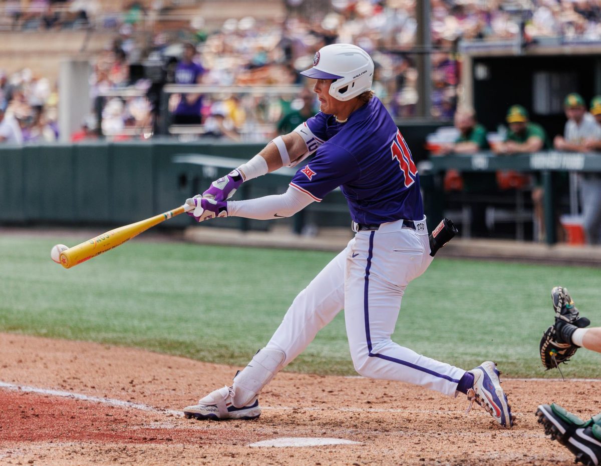 TCU outfielder Sawyer Strosnider hits the ball at Lupton Stadium in Fort Worth, Texas Apr. 26, 2025. (TCU360/Tyler Chan)