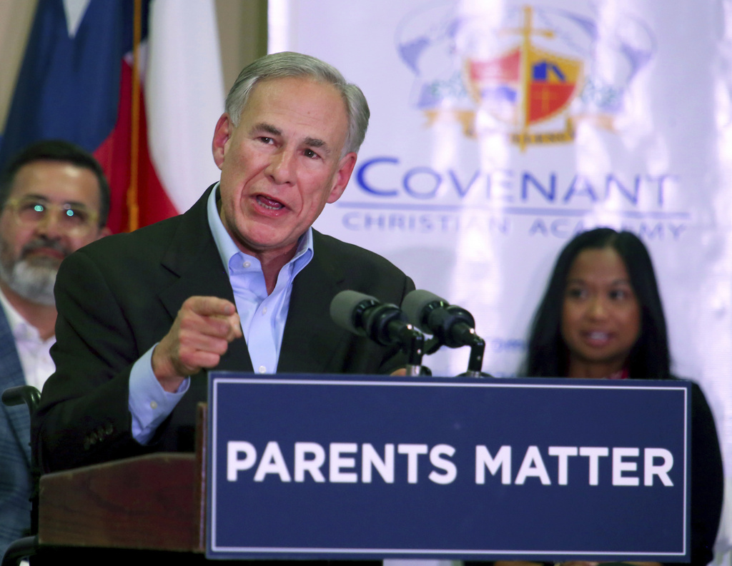 Texas Gov. Greg Abbott addresses the Parent Empowerment Coalition at Covenant Christian Academy on Wednesday, April 12, 2023, in McAllen, Texas. (Joel Martinez/The Monitor via AP)