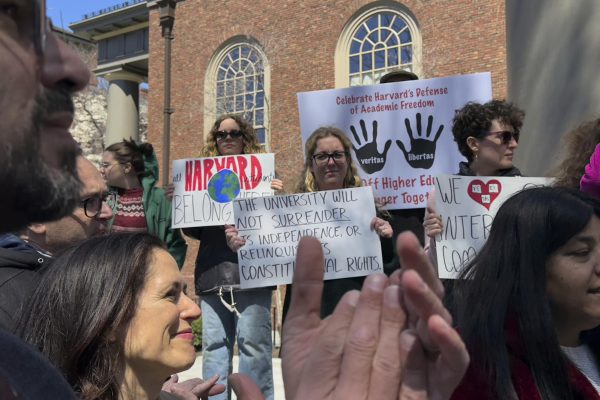 Students, faculty and members of the Harvard University community rally, Thursday, April 17, 2025, in Cambridge, Mass. (AP Photo)