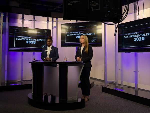 SGA presidential candidates Charity Ketu and Reagan Stephens participate in a debate hosted by TCU360