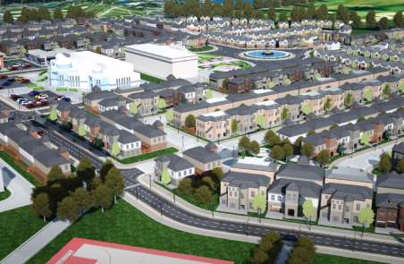EPIC City planned layout, the mosque is visible and in the center of the city along with a town square surrounded by the houses that will also be made for citizens of the city. Portrays a regular city layout. (EPIC City website)