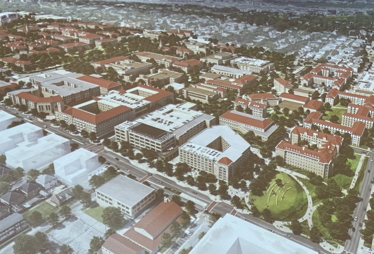 This artist rendering shows new development looking north from Berry Street across campus. The new construction includes multiple dormitories and parking garages, aslong with a mixed-use development.