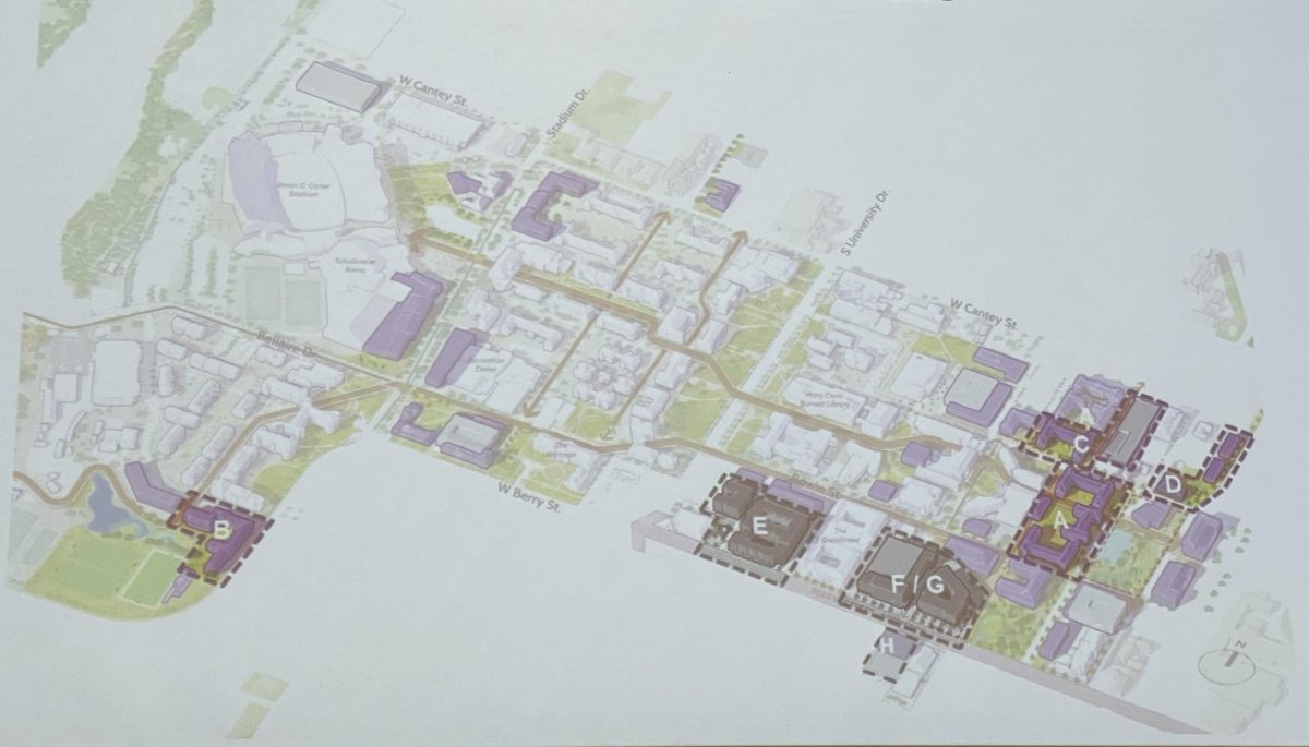 This campus map shows the location of proposed new construction along Berry Street and on the eastern edge of campus. Marked as sites A-H, the new developments include parking garages, additional housing and mixed-use buildings. 