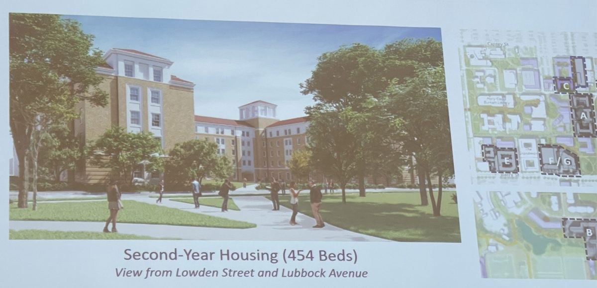 This artist rendering shows proposed new housing on the east side of campus, as seen from Lowden Street and Lubbock Avenue. The new constuction, known as Site C, will house 454 beds for second-year students.