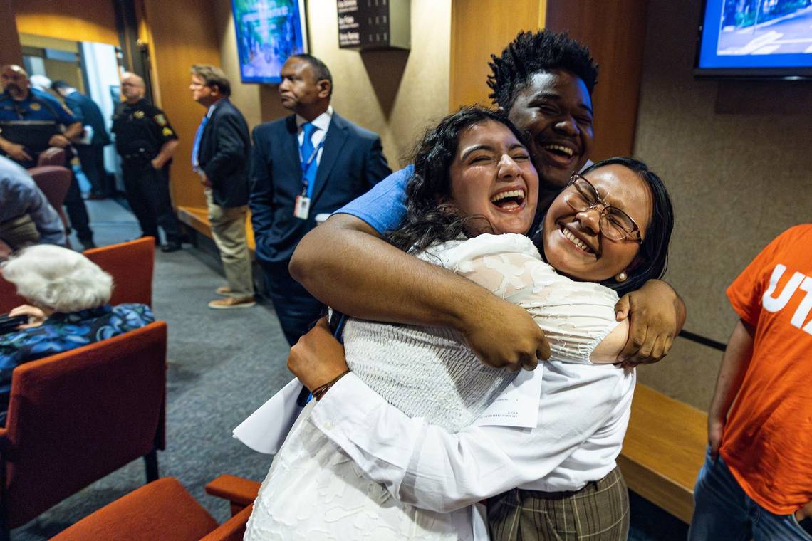 Students from the University of Texas at Arlington celebrate in fall 2024 when Tarrant County Commissioners voted to keep the campus polling site. (Photo courtesy of Fort Worth Star-Telegram)
