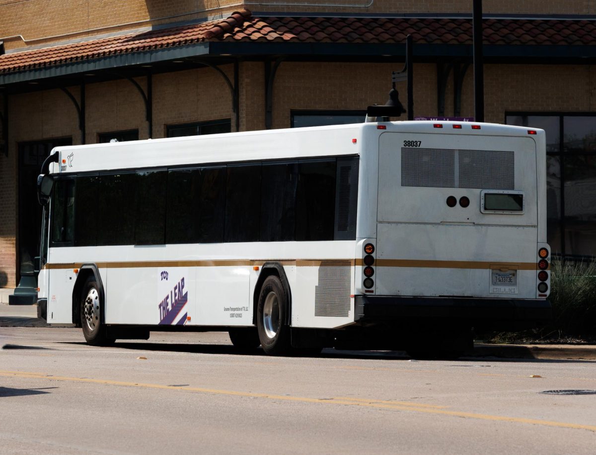 TCU's newest transportation system "The Leap" drives down West Berry Street in Fort Worth, Texas Aug. 24, 2025. (TCU360/ Tyler Chan)