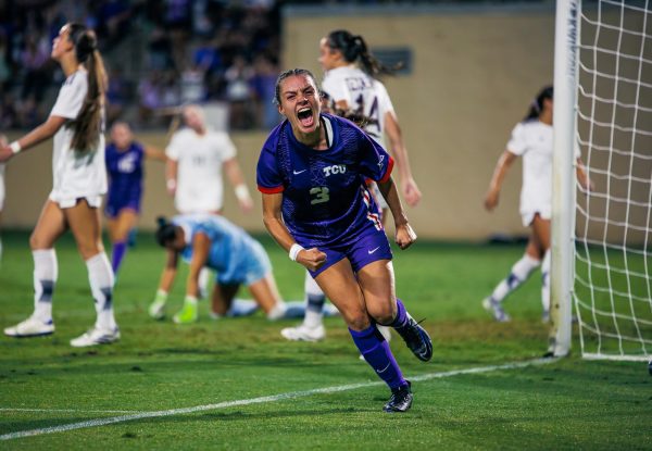 TCU forward AJ Hennessey celebrates after scoring the go-ahead goal at Garvey Rosenthal Stadium in Fort Worth, Texas Sep. 7, 2025. The TCU Horned Frogs beat the Texas A&M Aggies 2-1. (TCU360/Tyler Chan)