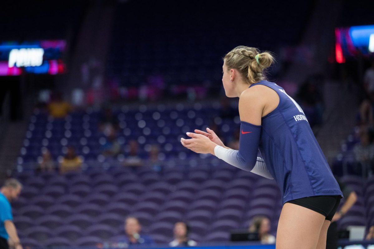 TCU setter Rosemary Archer cheers for team while on the court. The TCU Horned Frogs beat the Wyoming Cowgirls 3-0 at Schollmaier Arena in Fort Worth, Texas, Sep. 11, 2025. (TCU360/Keegan Schmidt)