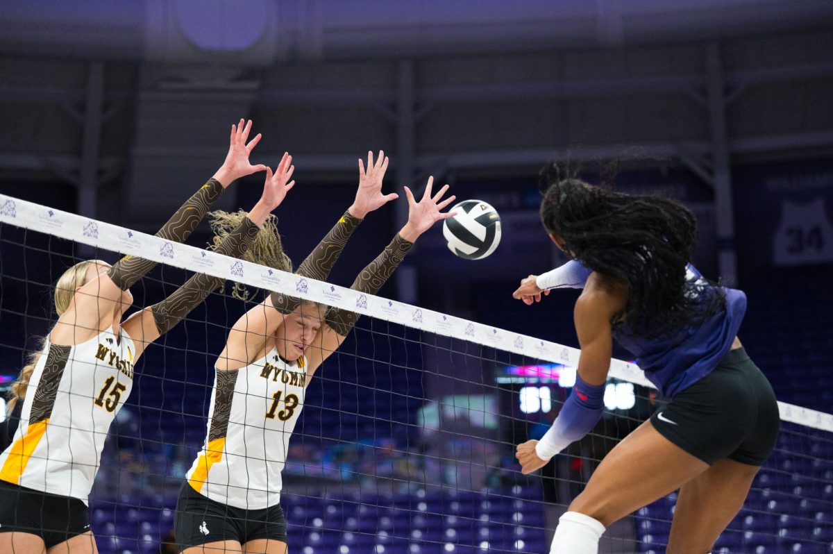 TCU outside hitter Evan Hendrix hits the ball over the net. The TCU Horned Frogs beat the Wyoming Cowgirls 3-0 at Schollmaier Arena in Fort Worth, Texas, Sep. 11, 2025. (TCU360/Keegan Schmidt)