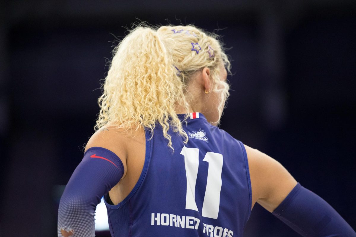 TCU outside hitter Becca Kelley looks back before play starts. The TCU Horned Frogs beat the Wyoming Cowgirls 3-0 at Schollmaier Arena in Fort Worth, Texas, Sep. 11, 2025. (TCU360/Keegan Schmidt)