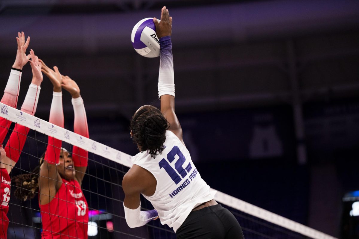 TCU outside hitter Samara Coleman hits the ball at Schollmaier Arena in Fort Worth, Texas, Sep. 24, 2025. The TCU Horned Frogs beat the Houston Cougars 3-0. (TCU360/Keegan Schmidt)