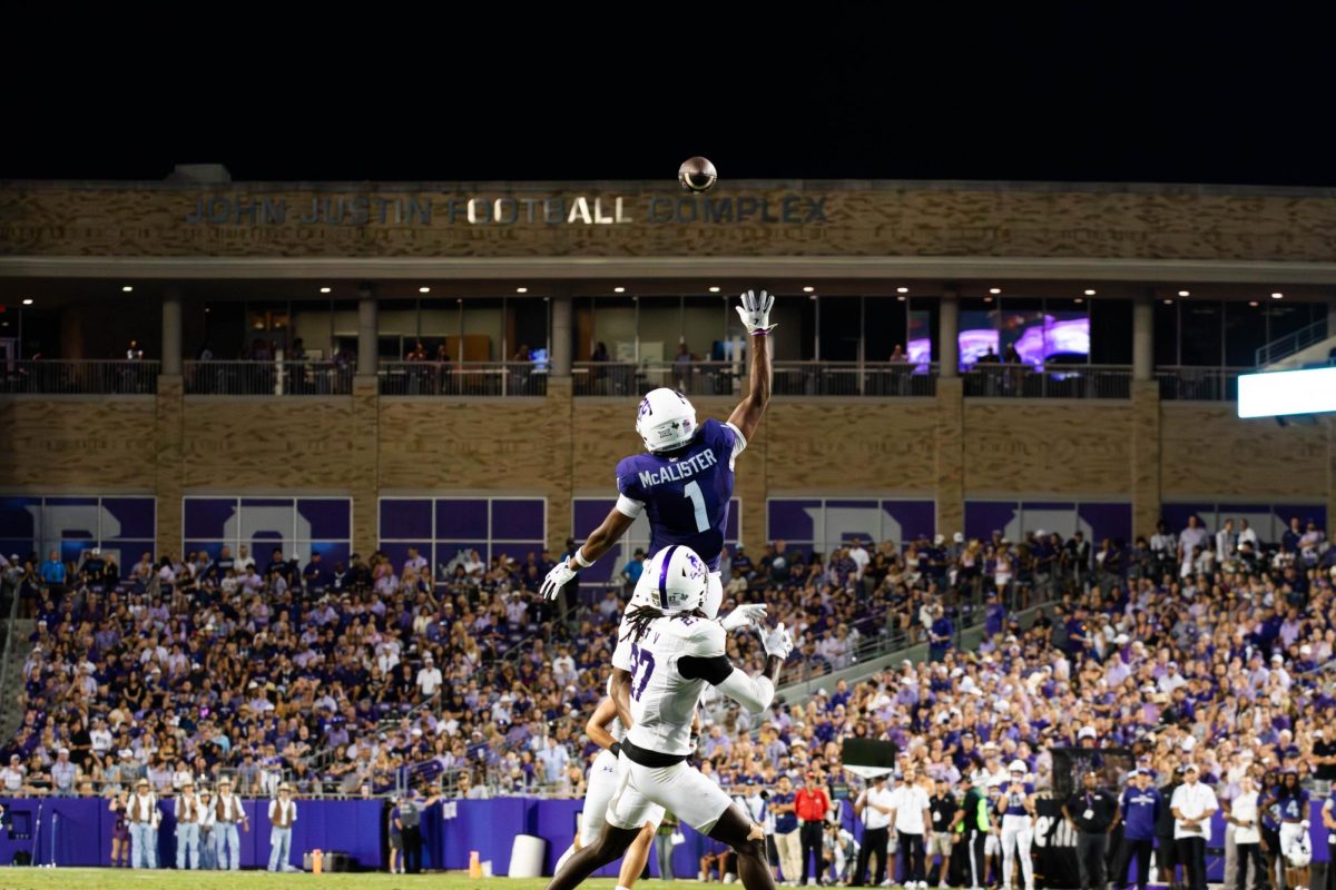 TCU Wide Receiver Eric McAlister jumps to catch the ball at Amon G. Carter Stadium in Fort Worth, Texas Sep. 13, 2025. The TCU Horned Frogs beat the Abilene Christian Wildcats 42-21. (TCU360/Nghia Tran)